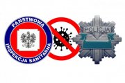 logo- gwiazda policyjna, logo PSSE, logo na znaku zakazu, przekreślony wirus