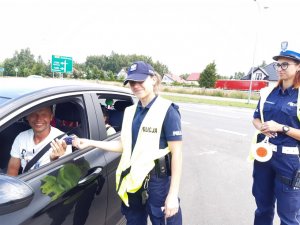 Policjanci rozmawiają z kierowcami w  tle ulica