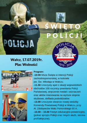 n plakacie plan obchodów Święta Policji, zdjęcia policjantki na strzelnicy, policjant na motocyklu i policjanci trzymający sztandar Policji
