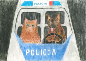 prace przedstawiające prace policjantów i innych służb w akcji i zwierzaki jadące na wakacje