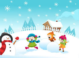 bajkowe postaci dzieci, w tle bałwan, dom i opady śniegu