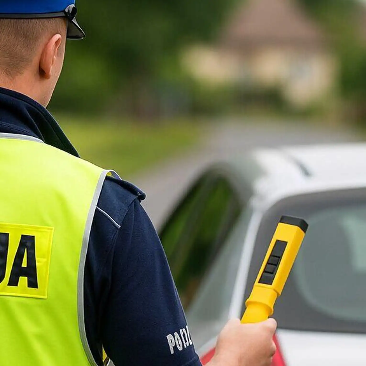policjant stoi tyłem w dłoni trzyma alkotest, w tle pojazd