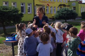 dzieci poznają pluszaki w tle teren przedszkola
