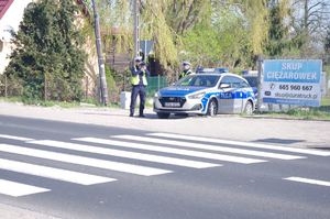 policjant sprawdza prędkość, w tle ulica i pojazdy