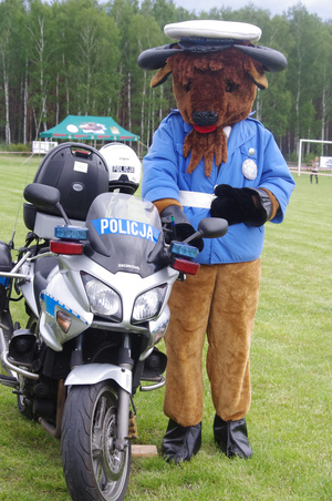 maskotka policyjna przy policyjnym motocyklu w tle boisko