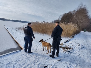 patrol sprawdza z psem sprawdza jezioro w tle drzewa i trzciny