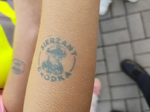 policjanci uczą dzieci chodzić po ulicy w tle ulica i maskotka policyjna