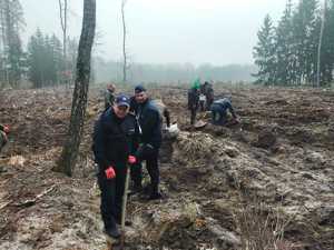 policjanci i inne służby sadzą młode drzewka w tle las i inne osoby