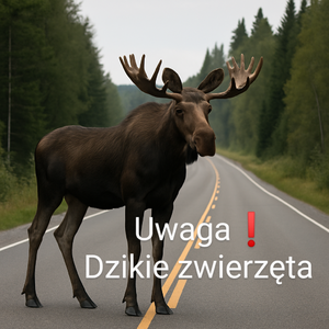 łoś stoi na drodze, w tle las i treść