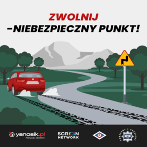 animowane auto jedzie szosą w tle napis