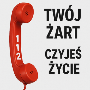 czerwona słuchawka telefonu z numerem alarmowym obok treść