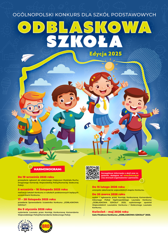 Uśmiechnięte dzieci na tle zarysu mapy Polski pod rysunkiem treść