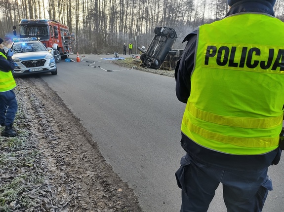 Stojący tyłem policjant w kamizelce odblaskowej, w tle zdarzenie drogowe i służby