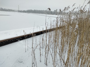 Dwaj policjanci stoją przy zamarzniętym jeziorze w tle jezioro