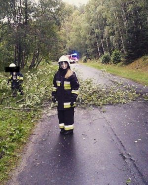 policjanta stoi na drodze, w tle połamane drzewa