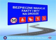 Na niebieskim tle napis białymi literami Bezpieczne wakacje, pod spodem znak ograniczenie prędkości,  znaki przedstawiające dziecko w foteliku, zapięte pasy bezpieczeństwa, zakaz jazdy po alkoholu i rozmowa przez telefon komórkowy