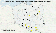 Mapa Polski a na niej zaznaczone kółkami miejsca wypadków