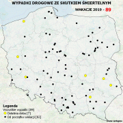 mapa Polski a na niej zaznaczone migającymi czerwonymi kółkami wypadki