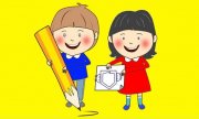 na żółtym tle, dziewczynka i chłopiec trzymają ołówek